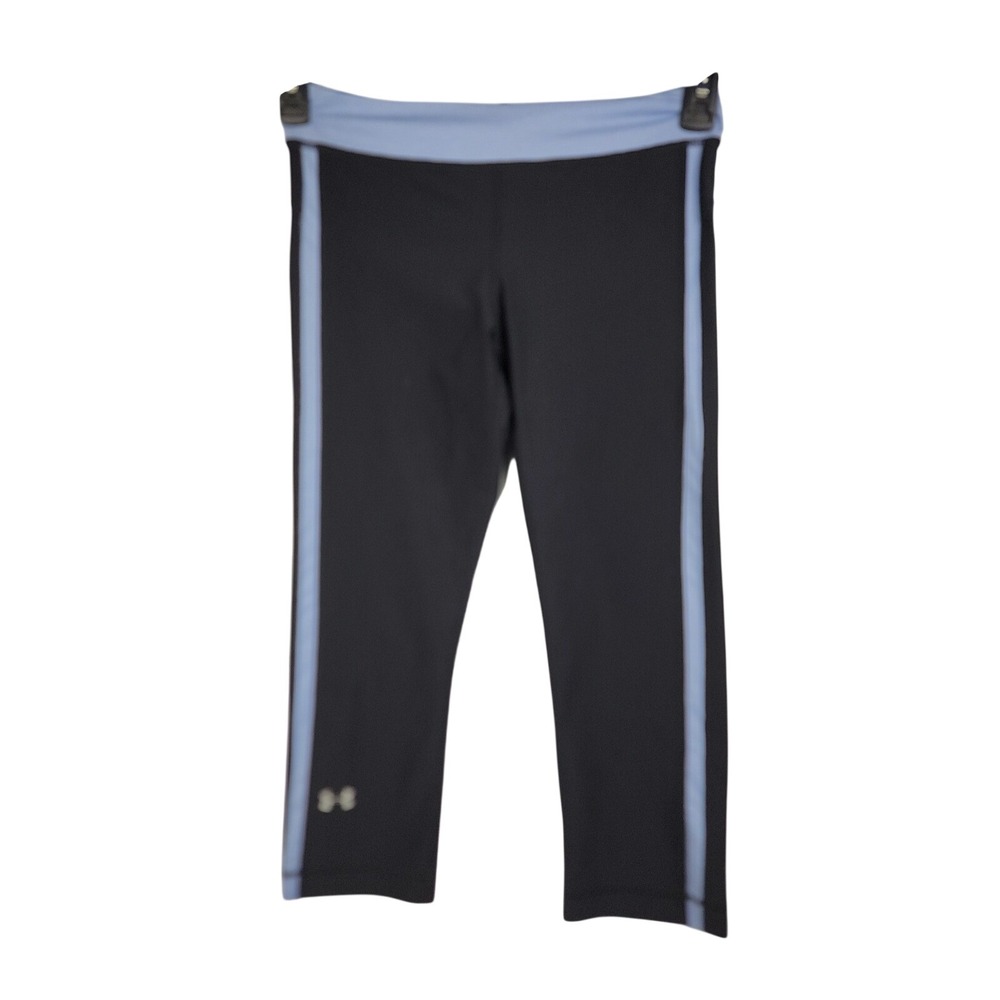 Under Armour HeatGear Womens Capri Leggings Black Blue Side Stripe Small 1033